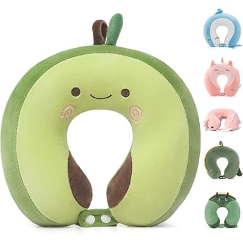Niuniu Daddy Avocado Kids Travel Neck Pillow (3-8 Y/O), Memory Foam Toddler Pillows for Head & Chin Support, Cute Sleeping Essentials for Car Seat, Airplane, Stroller and Long Road Trip