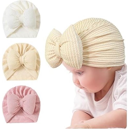 3 Pack Velvet Baby Turban Hats with Bow, Stretchy Baby Head Cover Beanies for Newborn, Toddler, Infant Head Wraps
