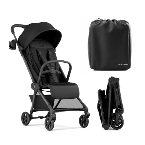 Mompush Nexis Carbon Fiber Lightweight Travel Stroller, Carry-On, Black | Lightweight travel stroller for airplane, compact auto-fold, one-hand recline, XL basket, cup holder, rain cover included