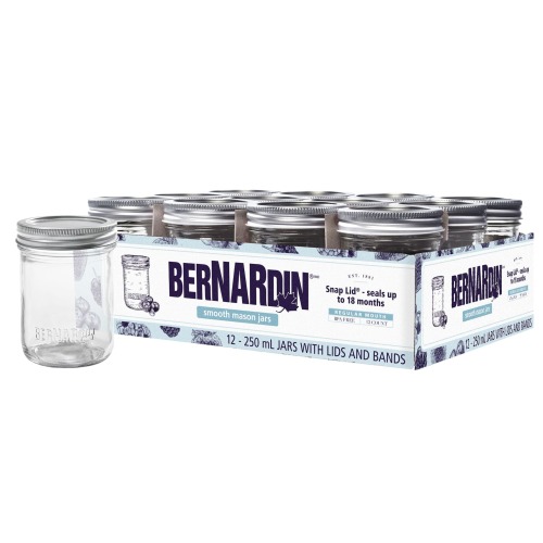 Bernardin Regular Mouth Smooth Glass Mason Jars with Snap Lids, 250 mL, 12 Count