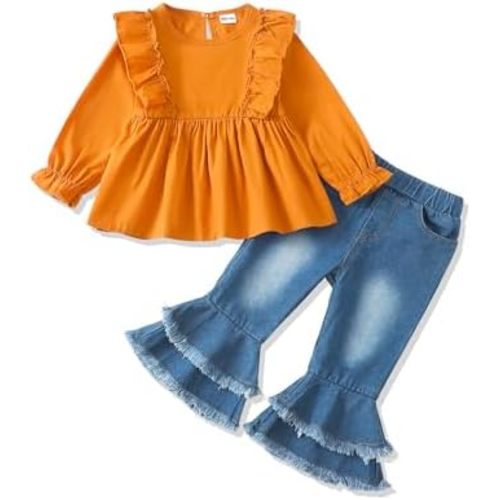 Mikrdoo Baby Toddler Girl Clothes Long Sleeve Ruffle Shirts Top Denim Bell Bottom Outfits Fall Winter Kids Clothing Sets