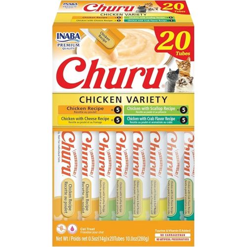 INABA Churu Cat Treats, Lickable, Squeezable Creamy Purée Cat Treat with Green Tea Extract & Taurine, 0.5 Ounces Each Tube, 20 Tubes, Chicken Variety Box