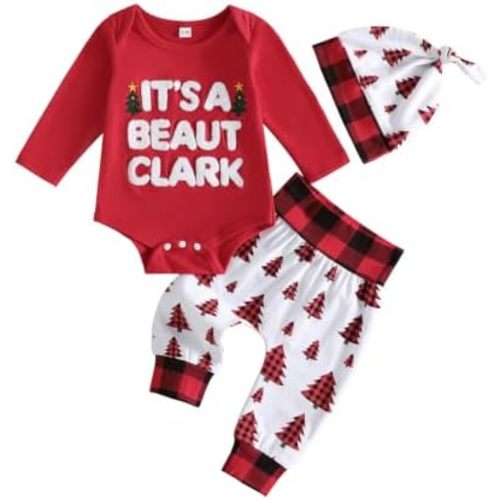 Infant Baby Boy Christmas Outfit Long Sleeve Romper Pants Hat Set