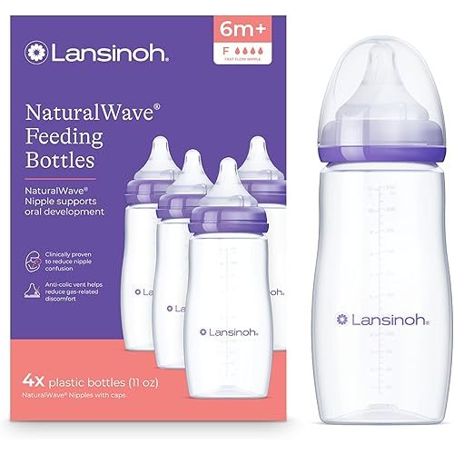 Lansinoh Anti-Colic Baby Bottles, BPA-Free Plastic, 11 Ounces, 4 Count, Fast Flow Nipples (Size F), Breastfeeding Bottle with NaturalWave Design