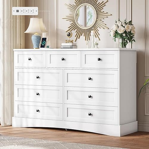 Hasuit White Dresser for Bedroom with 9 Drawers, 51.2" Large Drawer Dressers with Charging Station, Wide Farmhouse Dressers Chest of Drawers, Wooden Storage Tower Organizer, Dresser for Bedroom Closet