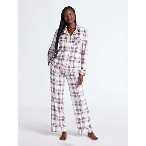 Joyspun Women’s Stretch Velour Notch Collar Long Sleeve Pajama Set, Sizes XS to 4X
