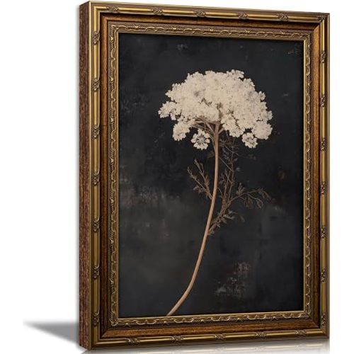 Vintage Gold Framed Floral Wall Art Dark Moody Flower Botonical Canvas Painting Picture Wall Decor Retro Rustic White Flowers Still Life Victorian Poster Print Artwork for Living Room Bedroom Home