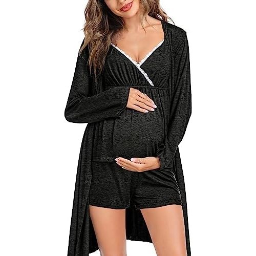 SWOMOG Womens Maternity Robe Set 3 Piece Nursing Pajamas for Breastfeeding 3 in 1 Labor Delivery Hospital Pregnancy Pjs Grey