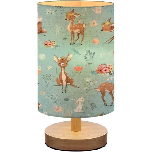 AURFIAIUOP Bedside Lamp for Bedroom, Seamless Pattern Little Deer Hare Small Light, Linen Lampshade Table Lamp, Dimmable Nightstand With Woodbase for Living Room Office