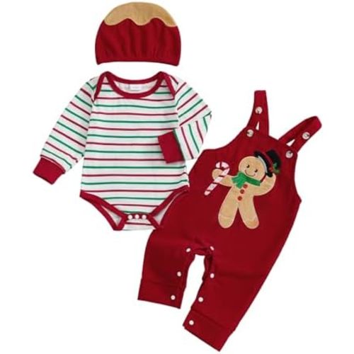 Baby Boy Christmas Outfit Newborn Gingerbread Onesie Overalls Hat 3pcs Set Infant Romper Pants Fall Winter Clothes