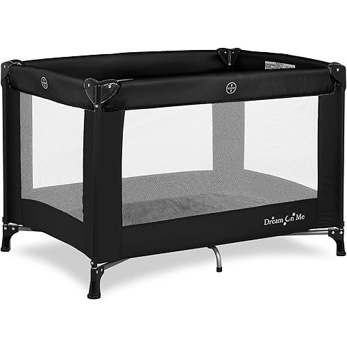 Dream On Me Nest Portable Playard in Black with Carrybag an Shoulder Strap, Lightweight, Packable and Easy Setup Baby Playard, Breathable Mesh Sides and Soft Fabric - Comes with a Removable Padded Mat