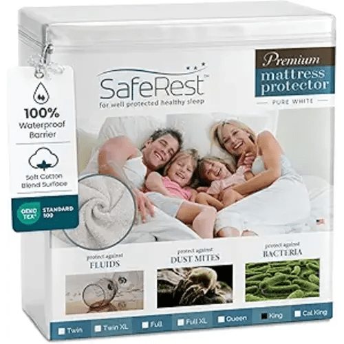 SafeRest Waterproof King Size Mattress Protector - Fitted with Stretchable Pockets - Machine Washable Cotton Blend Mattress Cover for Bed