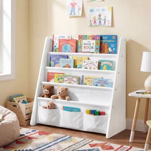 LEDREM Kids Bookshelf, 4-Tier Fabric Sling Bookcase for Playroom, 24.6 x 9.8 x 23.6 Inches, White