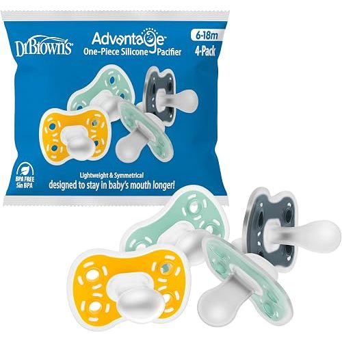 Dr. Brown's Advantage One-Piece Silicone Baby Pacifier, Fully Symmetrical Soother, Dark-Blue/Green/Yellow, 6-18M, BPA-Free, 4-Pack