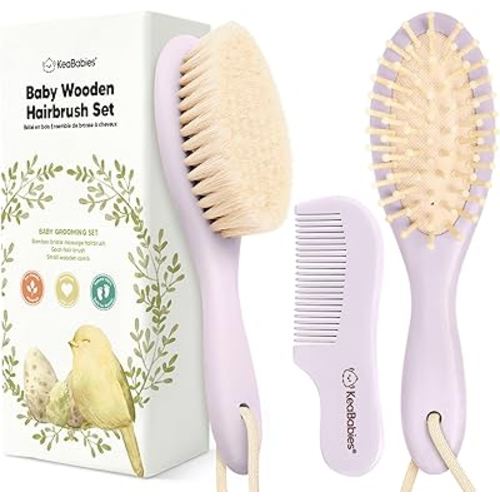 Baby Hair Brush Set for Newborns - Soft Goat Bristle Wooden Baby Brush and Comb Set Newborn Grooming Kit for Cradle Cap, Durable & Gentle, Boy, Girl Infant Essentials Care Kit (Regular, Thistle)
