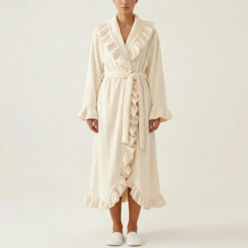 Anna-Kaci Lounge Women's Long Sleeve Wrap Robe with Ruffle Trim Shawl Collar Tie Waist Belt Soft Lightweight Full Length Robe - Medium, Off White