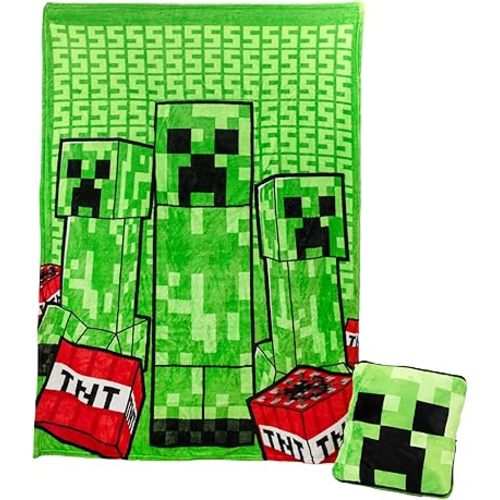 Paladone Minecraft Creeper 2-in-1 Cushion Blanket - Officially Licensed Microsoft Travel Blanket, Foldable Soft Fluffy Throw, Gamer Design for Living Room or Bedroom Décor 120cm x 150cm
