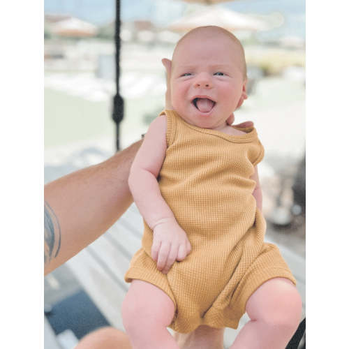 Organic Waffle Shortie Romper, Honey
