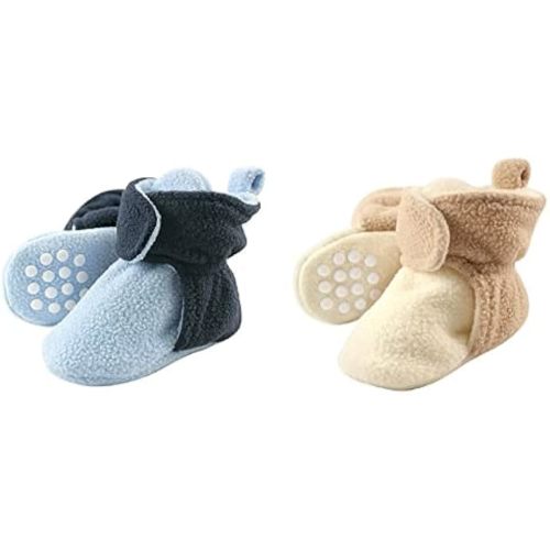 Luvable Friends Boy Cozy Fleece Booties 2-Pack, Light Blue Navy Cream Tan, 6-12 Months