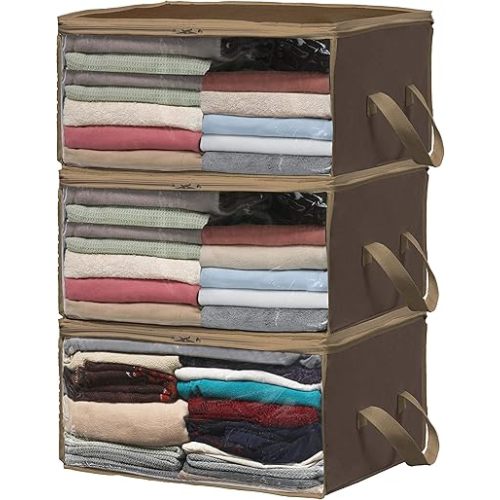 Simple Houseware 3 Pack Foldable Closet Organizer Clothing Storage Box with Clear Window, Brown