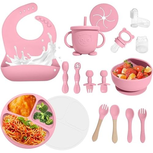 Baby Led Weaning Supplies, 17 Piece BPA-Free Silicone Feeding Set, Eating Essentials Baby Utensils with Suction Plate and Bowl, Pocket Bib, Sippy Cup with Lid, for 6+ Months, Pink