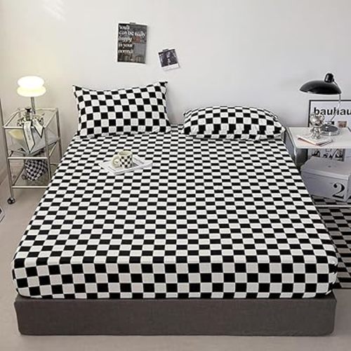 Wellboo Black White Plaid Bed Sheet Set Full Women Men Black and White Checkerboard Grid Flat Sheets Modern Boho Black Checkered Geometric Fitted Sheet with 2 Pillowcases 4 PCS Luxury Abstract Bed