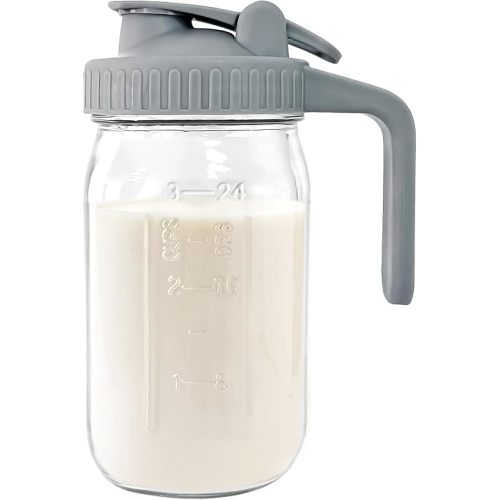Breast Milk Pitcher, 32 oz Wide Mouth Glass Mason Jar | Dual Leak-Proof Lid, easy-pour spout, handle design for Breastmilk storage, iced tea and cold beverages