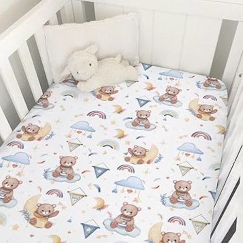 Cartoon Cute Bear Baby Crib Mattress Sheet 52''x28'' Bear Rainbow Moon Stars Clouds Leaf Snug Fitted Crib Mattress Cover for Boy Girl Soft Nursery Standard Crib Toddler Mattress Pad Cover Blue