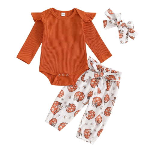 Mercatoo Toddler Baby Girl Fall Winter Outfits Long Sleeve Sweatshirt Tops Pumpkin Print Pants Headband 3Pcs Clothes Set