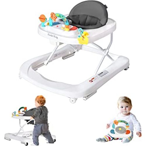Kinder King Activity Baby Walker, 3 in 1 Folding Learning Walker for Boys Girls, Seated or Push Behind, Infant Activity Center w/Adjustable Height & Speed, Music & Lights Toys, Steering Wheel, Grey