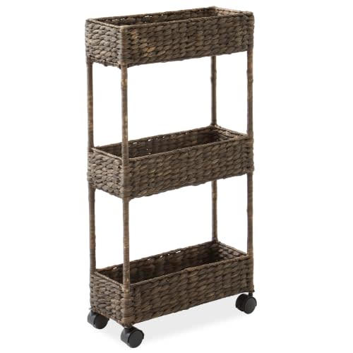 Casafield 3-Tier Slim Rolling Storage Cart - Espresso Dark Brown, Water Hyacinth Utility Cart for Bathroom, Craft Room, Nursery, Laundry Room Organization