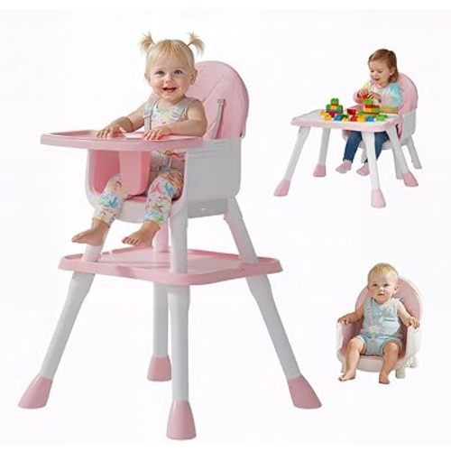 6-in-1 Convertible Baby Highchair, Booster Seat, Toddler Chair & Building Block Table, with Removable Tray, Easy Clean Cushion & 5-Point Harness (Pink)