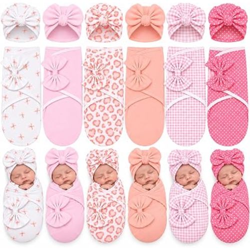 Ramede 6 Pack Preemie Swaddle with Hat, 100% Cotton, Bow, Soft Pink