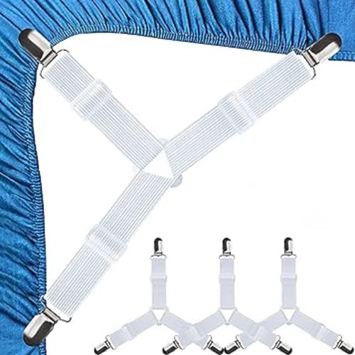 RZJZGZ 4Pcs Bed Fitted Sheet Straps Clips Adjustable Crisscross Sheets Clip Holder Fasteners Suspenders for Mattress Cushion Cribs Elastic Sheet Strap Fitted Sheet Corner Holder (White)