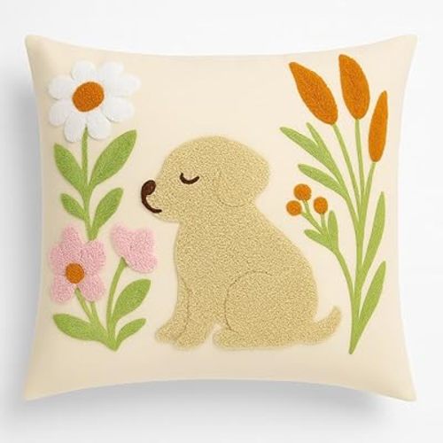 katre home madame & textile Embroidered Dog Pillow Cover – 18x18 inch Handmade Punch Needle Cushion – Boho Cotton Throw Pillow for Couch, Bed, or Gift for Dog Lovers