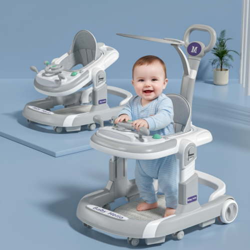 PUEDO 5-in-1 Foldable Baby Walker with Foot Pads/Handles for Boys and Girls 6-36 Months,Gray