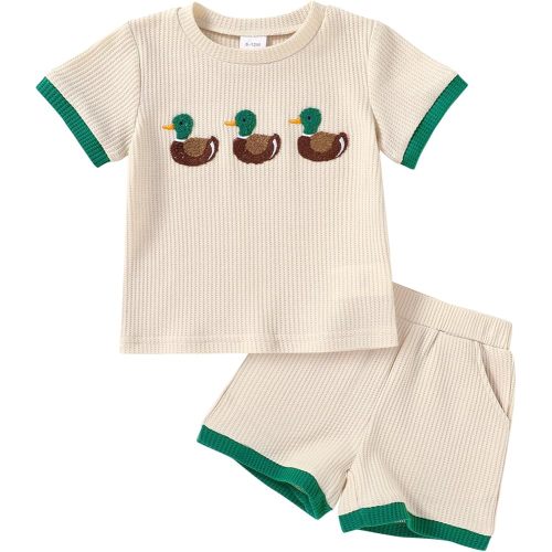 Happy Town Baby Boy Clothes Toddler Infant Summer Outfits Embroiderey Waffle Knit Shorts Set T Shirt Tees