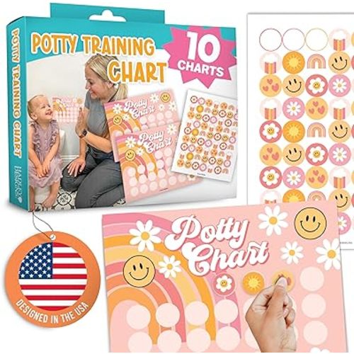Hadley Designs Potty Training Chart for Toddlers Girls -10 Sticker Potty Chart for Toddlers Girls, 8.5x11" Potty Training Sticker Charts for Toilet Success, Retro Toddler Reward Chart for Kids
