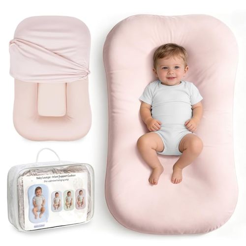 Infant Support Cushion, Baby Lounger for Newborn 0-24 Months | Portable Tummy Time Mat with Soft Cotton Cover for Home, Travel & Supervised, Essential Baby Gift (Pink)