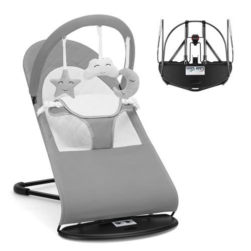 Portable Baby Bouncer Seat for Babies 0-18 Months, 100% Cotton Fabrics, Adjustable Multi Position Baby Bouncer Seat, Infant Rocker Chair with Hanging Toys-Light Grey