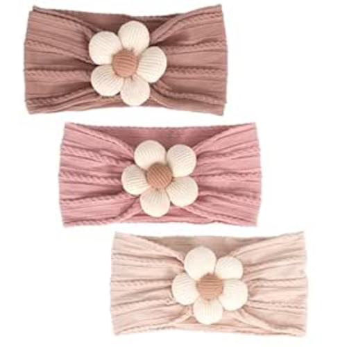 3 Pcs Baby Flower Headbands Baby Girls Nylon Headband Soft Hairbands Hair Accessories for Newborn Infant Toddler Kids (Beige Pink Khaki)