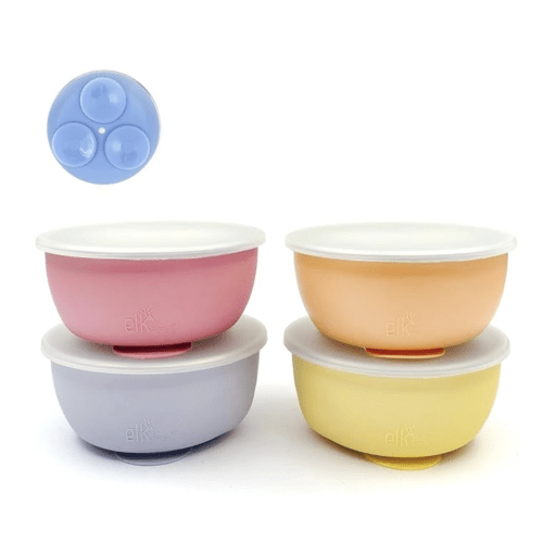 Elk and Friends Stainless Steel Bowls with Silicone Sleeve for Babies & Toddlers | Lids Included | Stay Put Suction | Cereal & Snack Bowls | 4 Pack