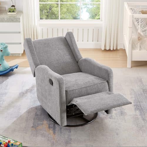 Nursery Glider Recliner Chair for Adults, Modern Swivel Rocker Recliners with Footrest, Comfy Chenille Rocking Chair Nursery for Living Room, Bedroom, Grey