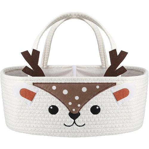 Weysat Cute Deer Baby Diaper Caddy Organizer Cotton Rope Diaper Caddy Basket Woodland Nursery Decor Portable Organizer for Essentials Like Diapers, Wipes, Towels for Baby Shower