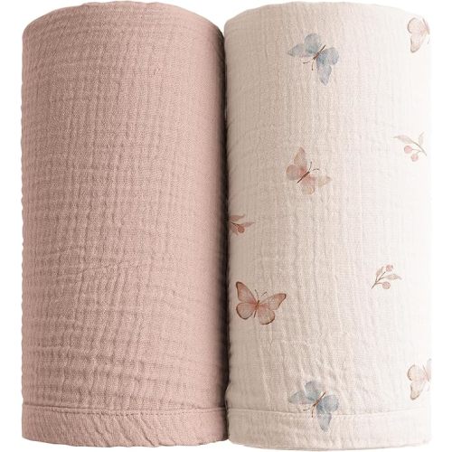 Konssy Muslin Swaddle Blankets for Boys Girls, 2 Pack Receiving Baby Blanket Large 47 x 47 inches, Soft Breathable Swaddling Wrap for Unisex Newborn (Taupe,Butterfly Dreams)