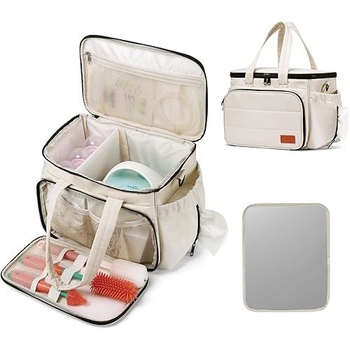 Breast Pump Bag Compatible with Spectra S1 and S2, Pumping Bag with Waterproof Mat for Pump Accessories, Pump Carrying Bag for Moms Work, Travel - Beige