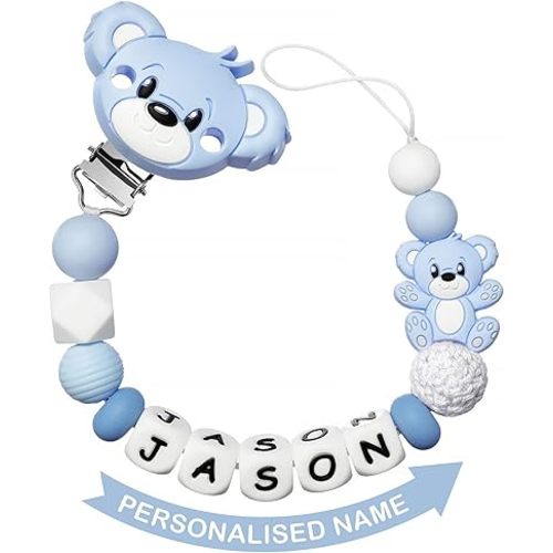 Personalized Pacifier Clip with Name for Baby, Customized Pacifier Clip Fits Most Pacifiers, Blue Bear