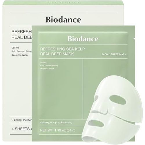 BIODANCE Refreshing Sea kelp Real Deep Mask, Overnight Hydrogel Face Mask, Calming, Oil & Sebum Control, Blemish Care, After Sun Care, Sunburn Relief, Korean Skin Care | 1.19oz(34g) x 4ea