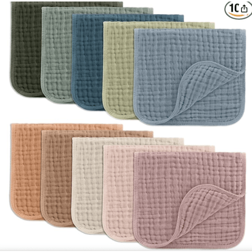 Muslin Burp Cloths Large 100% Cotton by Comfy Cubs - Multicolor, Pack of 10