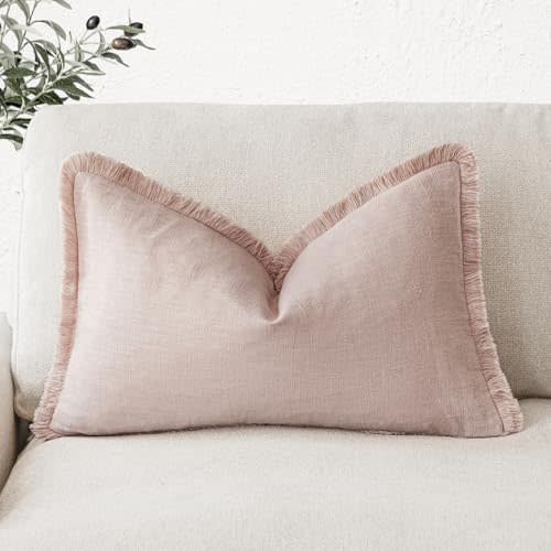 Foindtower Decorative Linen Fringe Lumbar Throw Pillow Covers Cozy Boho Farmhouse Cushion Cover with Tassel Soft Accent Pillowcase for Sofa Bed Living Room Home Decor, 12×20 Inch, 1PC,Light Pink